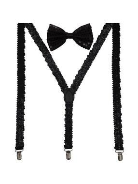 Men AB Elastic Band Black Sequin Suspender With Maching Polyester Bowtie